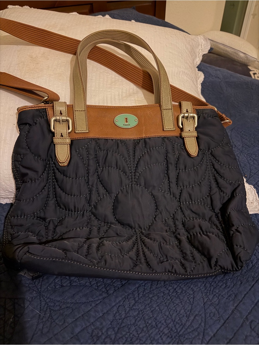Fossil Quilted Tote Bag in Black and Tan